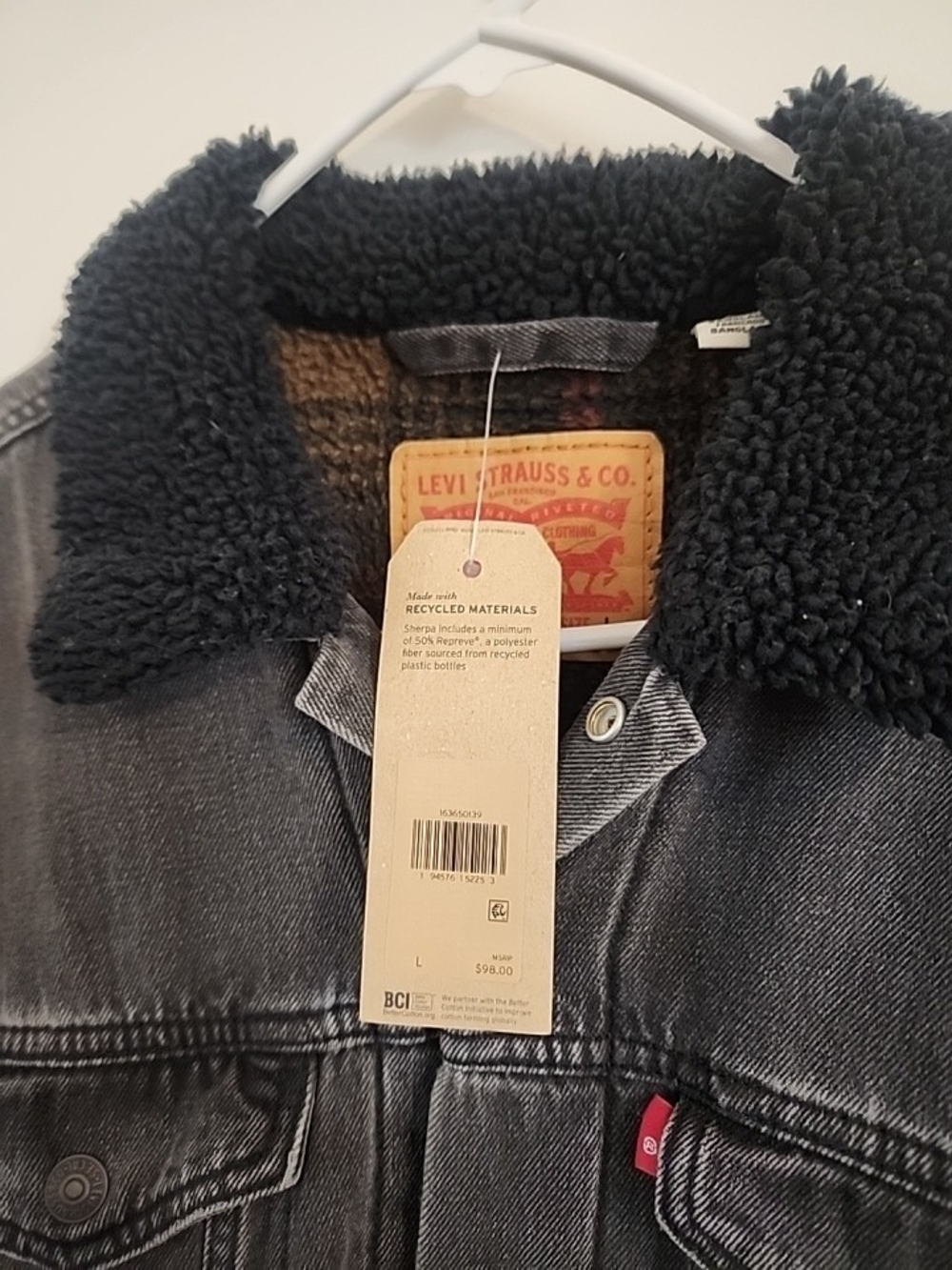Levi's Unisex Black Denim Jacket Sherpa Lined with Black Sherpa Collar